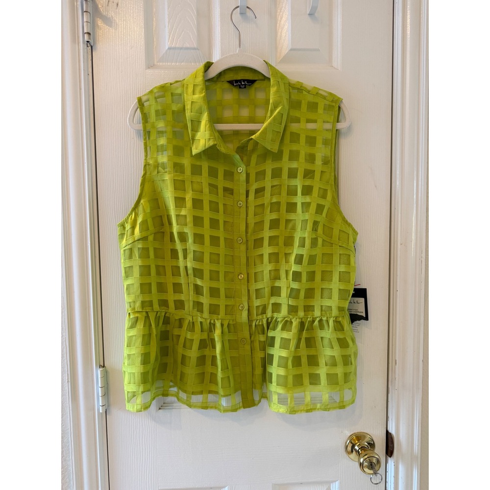 Nicole Miller Bright Chartreuse Sheer Grid Peplum Top XL NWT
